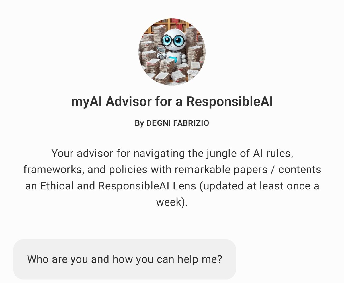 fabrizio_degni's tweet photo. Happy to share #myAdvisor for #ResponsibleAI a chatbot in experimental stage I created for supporting the analysis, collection and interaction with documents, guidelines, policies abiut the #AI.
https://t.co/IOk96GyCz3
#ArtificialInteligence #Chatbots #bots #GPTs #HumanInTheLoop https://t.co/wjmIsRQjL5