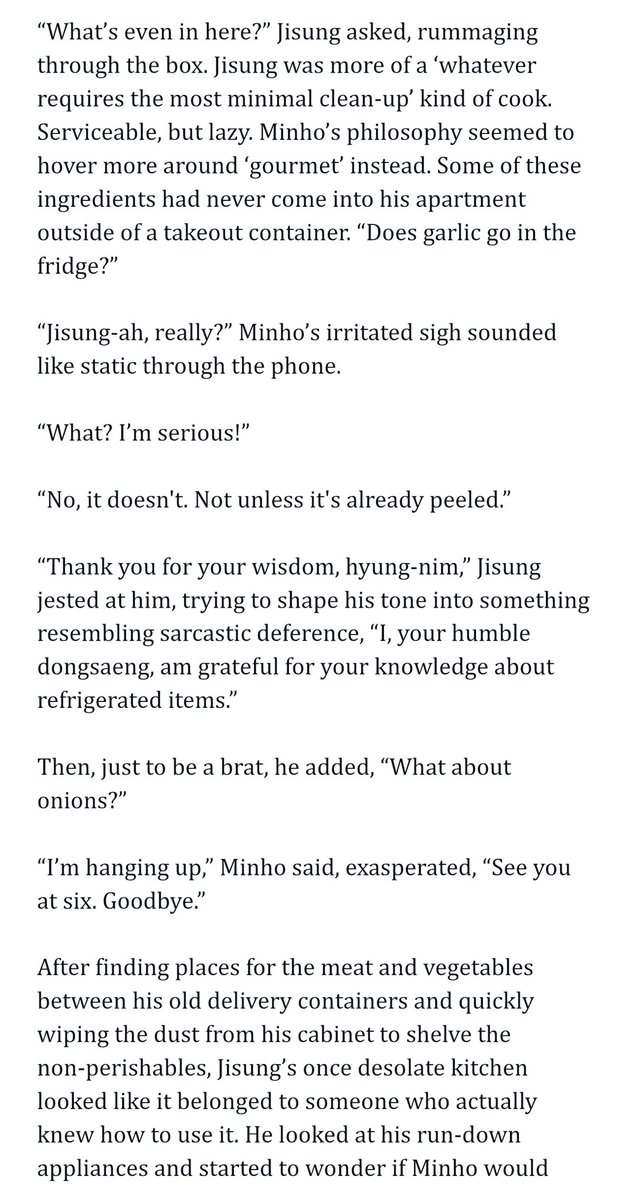 halphalump's tweet image. jsvng: feeling self-conscious bc his apartment is where he's cultivated a less interesting version of himself, quiet and lazy and boring. what if mnho's not attracted to that version?

mnho: literally trying to figure out who's place they should choose when they move in together