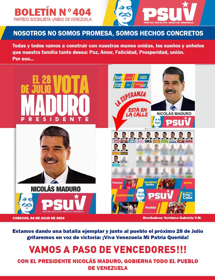 Descargue |

Edición Nº 404 del Boletín Informativo del PSUV: ¡Nosotros no somos promesa, somos hechos concretos! goo.su/z2NF8l

<a href="/NicolasMaduro/">Nicolás Maduro</a>
<a href="/dcabellor/">Diosdado Cabello R</a>
<a href="/FidelVasquzPSUV/">FIDEL E. VASQUEZ I.</a>