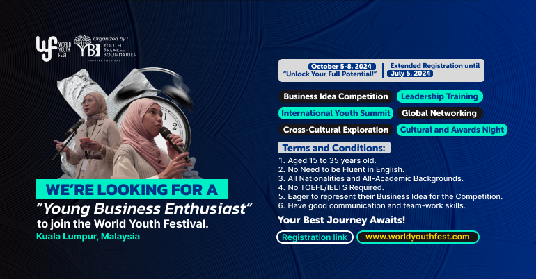 World Youth Festival

Thema “Cultivating Youth Creativity in Entrepreneurship”

📷 Summit Dates: October 5 - 8, 2024
📷 No IELTS/TOEFL Required
📷 Open for All Nationalities and Backgrounds
📷 Registration Deadline: July 5, 2024
📷 Registration Link: worldyouthfest.com