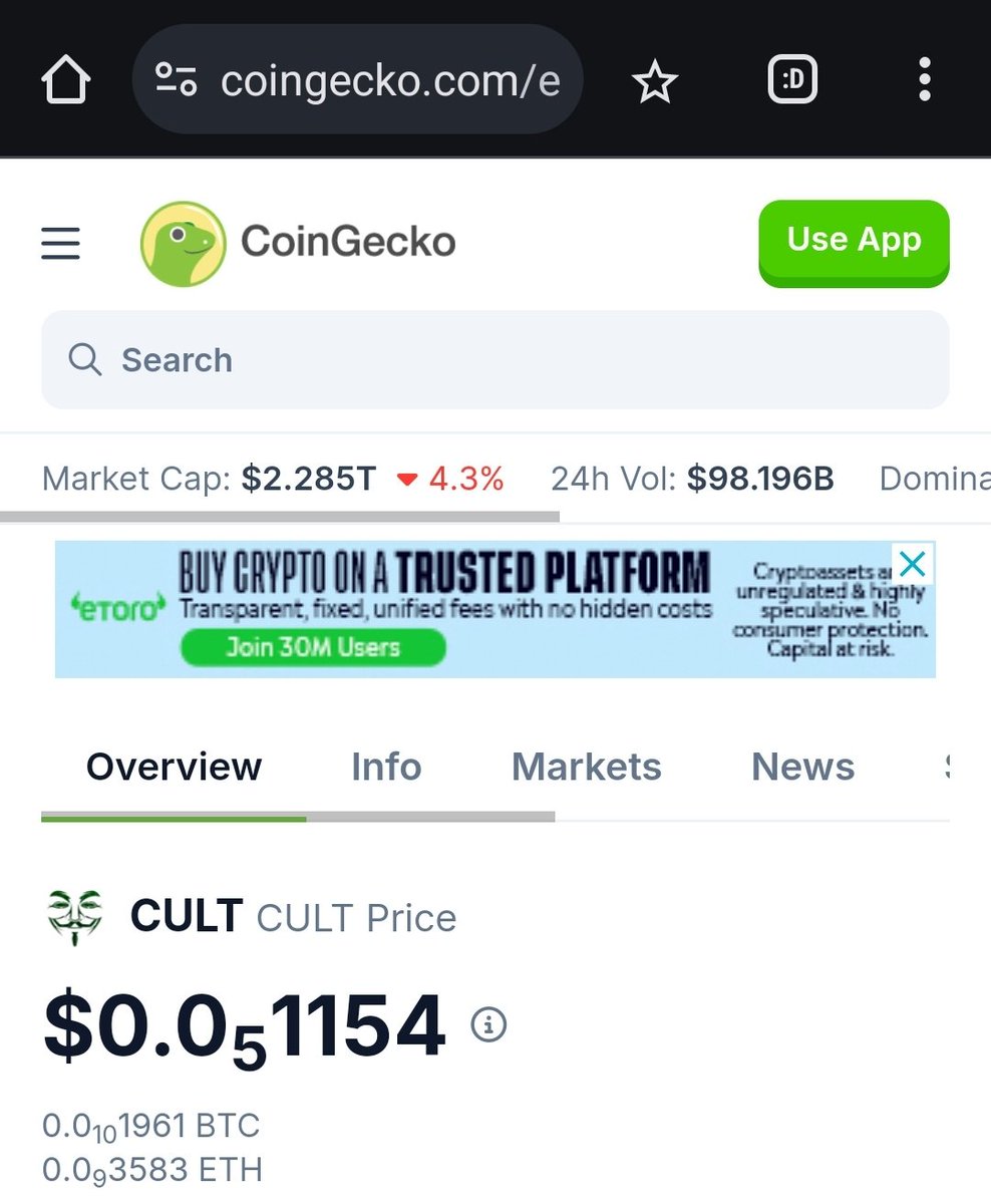 CultCoinErc20's tweet photo. $CULT is now listed on @coingecko 

https://t.co/BgQa4KPPh4

#CULT #WeAreCult https://t.co/jqr8gKYGrz