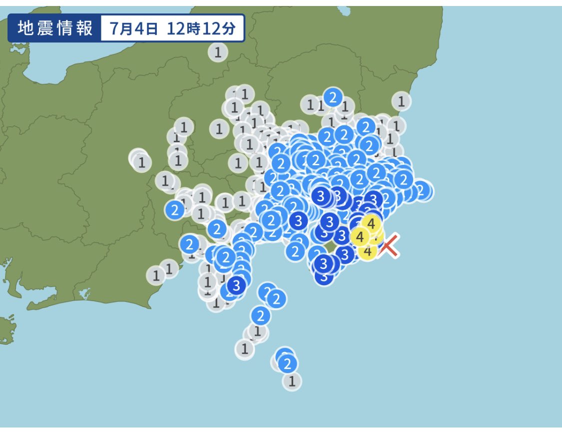 inosan97's tweet photo. 【緊急地震速報】

千葉県東方沖で地震
最大震度 4
2024/07/4発生12:12分頃
マグニチュード5.4
深さ50km 
津波の心配なし https://t.co/Fmt4v2H2Tv