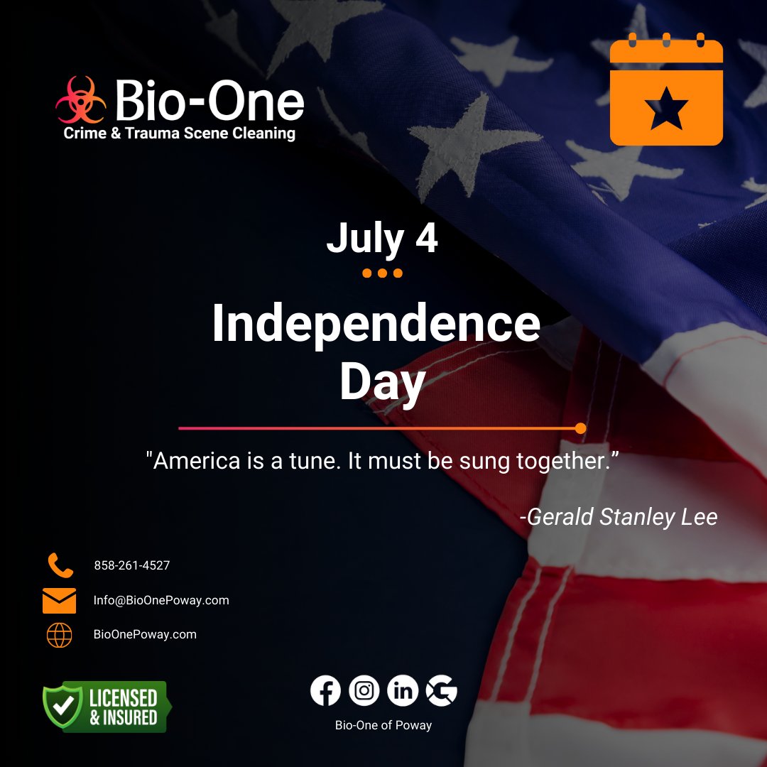BioOnePoway's tweet image. Sending warm wishes for a happy and safe Independence Day. Enjoy the festivities! 🇺🇸⭐

...

ℹ Bio-One is available 24/7!

🌐 BioOnePoway.com
📧 Info@BioOnePoway.com
📞 858-261-4527

#bioone #poway #independenceday #4thofjuly #celebration