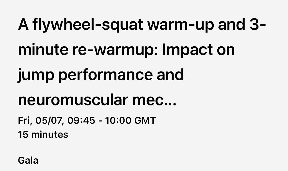 If you’re interested in flywheel based warm-up, re-warmup, TMS, peripheral nerve stimulation, TMG, and CMJ. Why not consider joining my talk on Friday morning? <a href="/E_C_S_S/">ECSS</a> #ECSS2024 #ecss 

📆 Friday (05/07/24)
🕥 Time: 9:45
🏠 Room: Gala