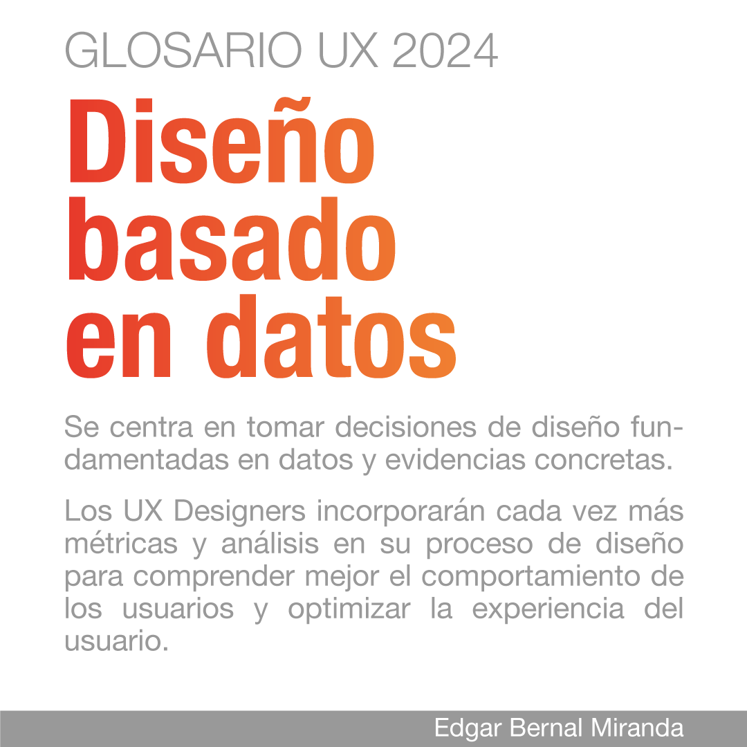 visualemx's tweet photo. (GLOSARIO #UX 2024)
DISEÑO BASADO EN DATOS
Se centra en tomar decisiones de #diseño fundamentadas en datos y evidencias concretas. Los #UXDesigners incorporarán cada vez más métricas y análisis en su proceso de #diseño para comprender mejor el comportamiento de los #usuarios https://t.co/ozaU5woFS2