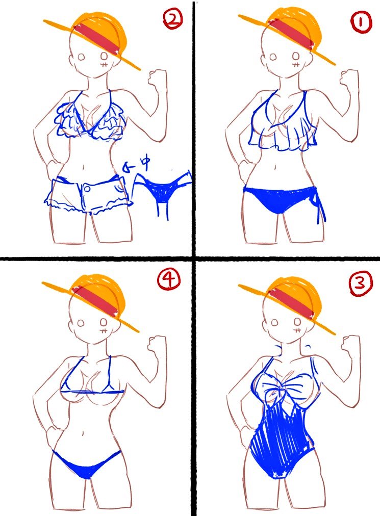 🐯👒🥗ちゃんで海デートイラスト描きたいんだけど…🐯ならどれを👒🥗ちゃんに着せるかな? 