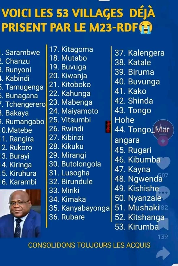 🌍Liste des villages et territoires conquis par le M23 depuis l'arrivée de l'UDPS au pouvoir avec Félix tshisekedi, à ce jour on compte 53 villages pris par le M23 !!!