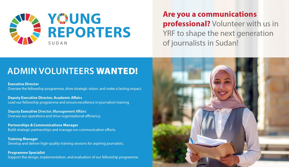 SudanOffice's tweet photo. 📢 If you are passionate comms professional, #volunteer NOW for📰@YRFSudan Management team and help Shaping the next generation of journalists in #Sudan 🇸🇩 through impactful #storytelling, fostering:
🕊️#peace 
🏗️#development 
👍#CommunityBuilding

Tag comms + PR pros! 
Good luck! https://t.co/H3LYFip2GB