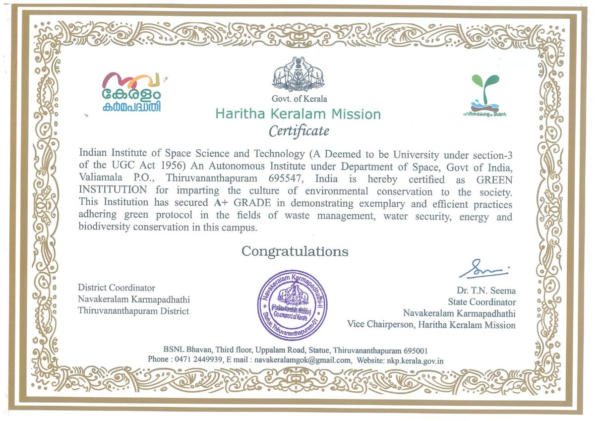 IIST_Trivandrum's tweet image. We are delighted to announce the remarkable achievement that IIST has received the A+, the highest grade, for promoting and maintaining the green protocol in the campus.
#achievement #greenprotocol #greencampus