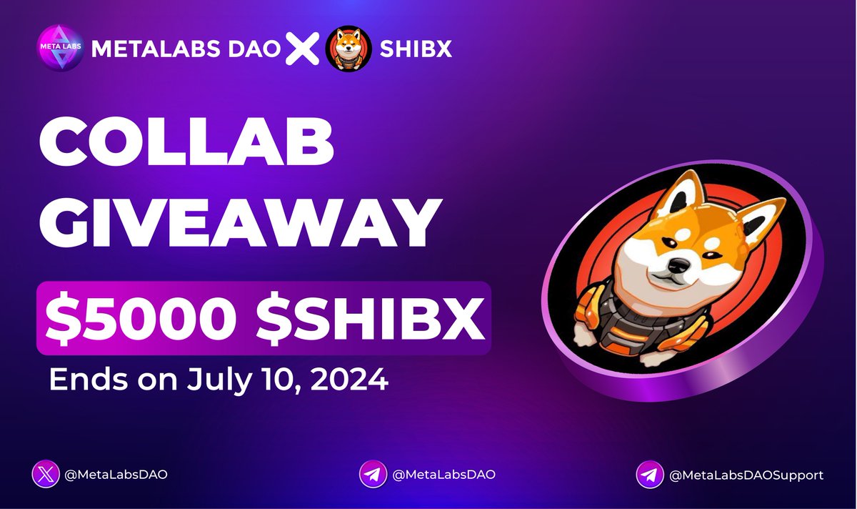 🥳 SHIBX X MetaLabs DAO #Giveaway 

🏆 Prize Pool «» 5,000$ in $SHIBX

✅ Follow <a href="/MetaLabsDAO/">MetaLabs DAO</a> &amp; <a href="/SHIBX_Brown/">SHIBX</a>
✅ Like, RT &amp; Tag 3 Friends
✅ Complete #Gleam⤵️
gleam.io/J1qbU/shibx-x-…

⏳ Ends 10th July

#Airdrop #SHIBX #Giveaway #Crypto #BSC #MEME #MetaLabsDAO #Bitcoin #Shib