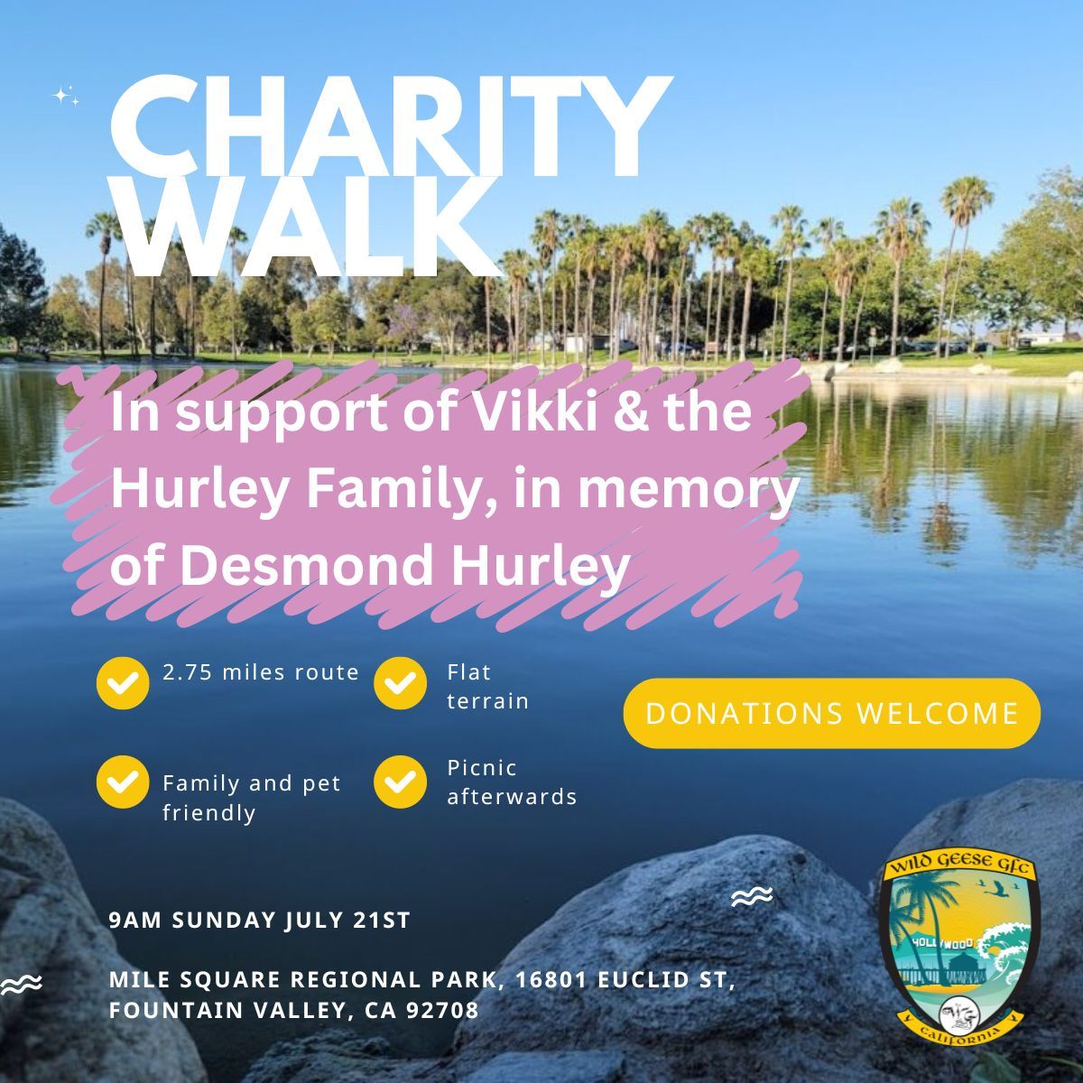 You can donate at the following link: buff.ly/4eLNleH

Event Details 
Location: Mile Square Regional Park, 16801 Euclid St, Fountain Valley, CA 92708
Date: July 21st, 9am

Remember to prepare for warm temperatures and sun.