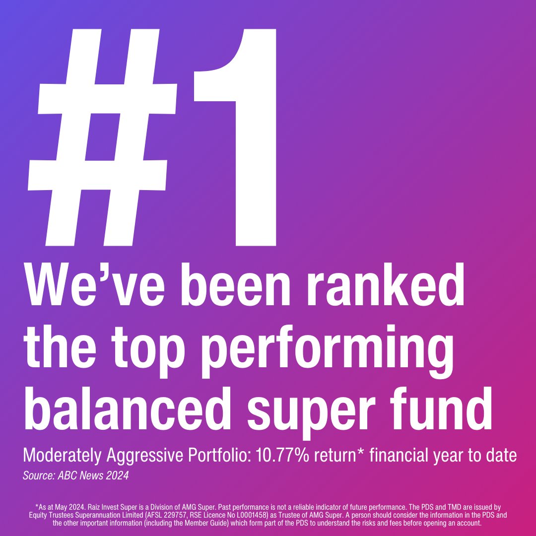 We're at the top of the ranks! 🏆️

The Moderately Aggressive portfolio has been ranked as the #1 performing balanced super fund according to an article by ABC News! 📈

Now talk about a "super" fund! 💰️

#RaizInvest #RaizSuper #RaizYourGame #Fintech