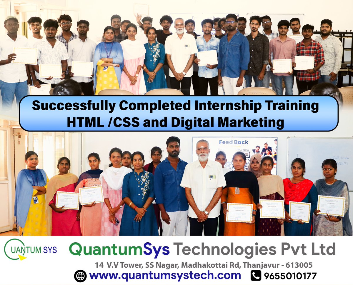 QuantumsysTech's tweet photo. We are pleased to announce the successful completion of my internship training in HTML, CSS, and Digital Marketing. My heartfelt gratitude goes to all the students and mentors who contributed to this achievement
#thanjavur #internship #internship2024  #DigitalMarketing #html https://t.co/6nThQsaG4C