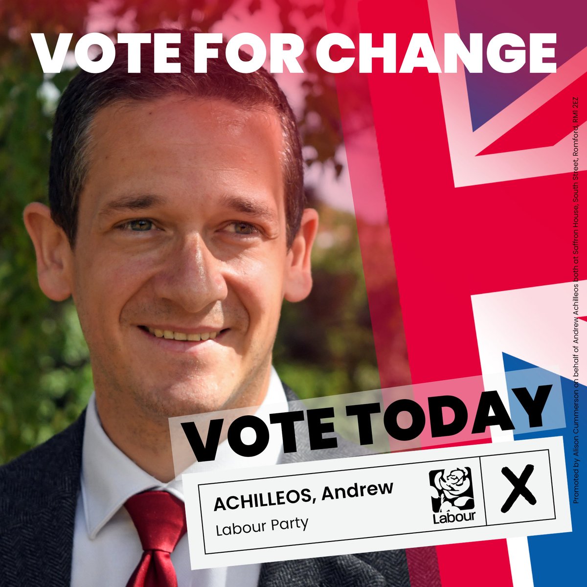 AndyAchilleos's tweet photo. Today is polling day! Don’t reward two decades of Tory failure in #Romford with five more years. It’s time for change. #VoteLabour 🗳️🌹 https://t.co/EyT4qhIGCz
