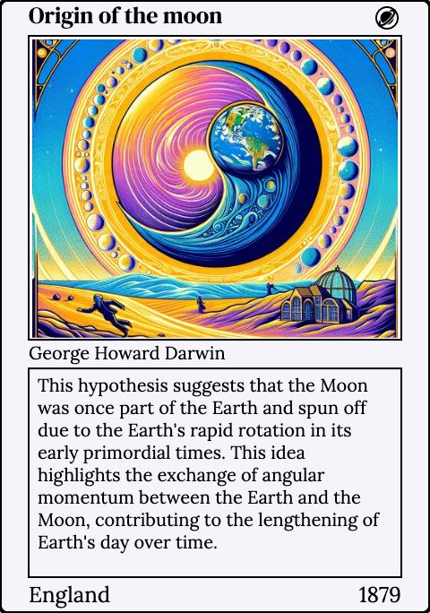 borismus's tweet image. Sir George Howard Darwin (Charles' second son) proposed in 1879 that Earth had been spinning so fast that some material broke away and began to orbit the planet. This popular theory was not disproven until the Apollo missions.
#MoonFormation #AIArt
invention.cards/origin-of-the-…
