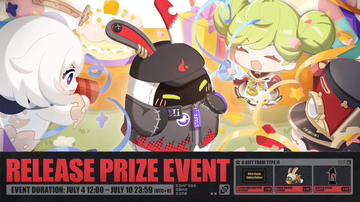 TYPEII_EN's tweet photo. Type II's Generosity
#zzzero July 4 Official Release Prize Event
To celebrate the official release of Zenless Zone Zero, Type II has prepared some gifts for everyone!
Follow and repost @TYPEII_EN for the chance to win!
Rules: https://t.co/MyKasl1Zta
#zenless0704 #TYPEII https://t.co/A18x2kfbfi