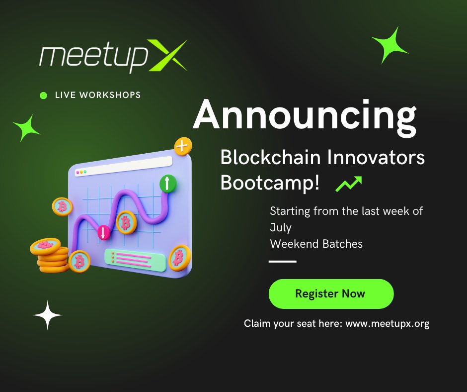 meetup_X's tweet photo. 🚀 Exciting News! We're thrilled to announce the Blockchain Innovators Bootcamp! 🎉 Join us to dive into the world of blockchain technology. This bootcamp is designed for beginners and tech enthusiasts. Starts soon! #BlockchainBootcamp #LearnBlockchain #MeetupX https://t.co/JIG1eyQImv