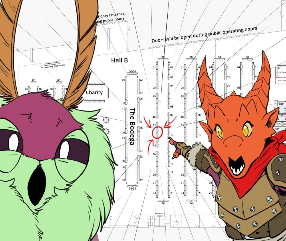 BoldKobold's tweet photo. Hey everyone, reminder of where we are!

Also we will have merch by a long list of talented artists including 
@SmolSergo 
@serpentlingrimm 
@queblock 
@innosjoa 
@TheMirrorMan24 
@sleepymuu 
@AreyeNsfw 
@Vesper_Art 
@DEP_SFW 
@RayEtherna 
The Out of Placers team https://t.co/r5feXgTxmY