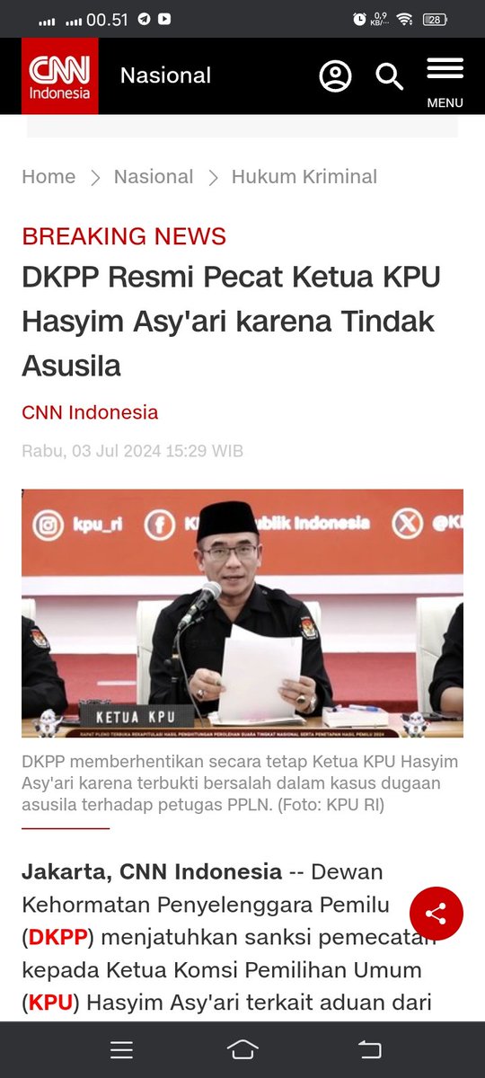 Reaksi pertama kawanku yang pernah diajar beliau. Malu punya dosen seperti itu. Kira kira reaksi isteri nya apa ya ? Minta cerai kah ? Lali reaksi anaknya gimana juga ? Tenang bro, jangan terlalu sedih, ketua <a href="/KPU_ID/">KPU RI</a> hanya jabatan antara saja kok