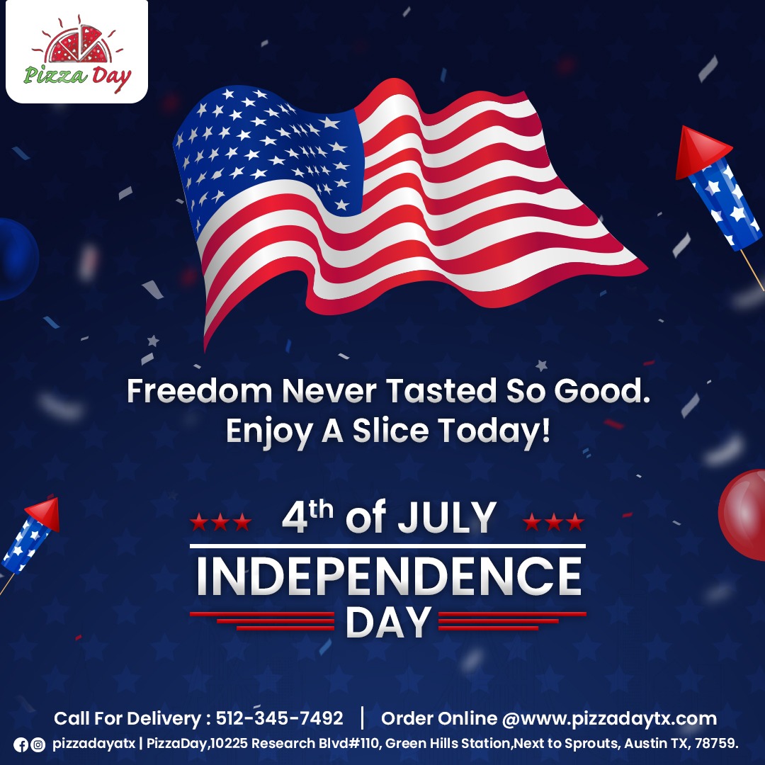 PizzaDayTx's tweet photo. This 4th of July, let freedom ring and pizza bring happiness! Happy Independence Day!

#pizzadaytx #Happy4thOfJuly #IndependenceDay #LetFreedomRing #PizzaLovers #July4th #PizzaParty #FreedomAndPizza #FourthOfJulyFeast #pizzadayatx #austineats #austinfoodies #texas https://t.co/60KCnmGGrR