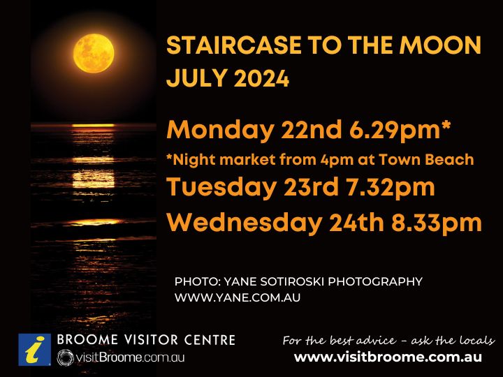 Staircase to the Moon - July 2024 Come up and join us in beautiful Broome for Staircase to the Moon. Escape the cold and enjoy this natural celestial phenomenon over Roebuck Bay. The rising moon creates a staircase illusion on the tidal flats. visitbroome.com.au/events/stairca…