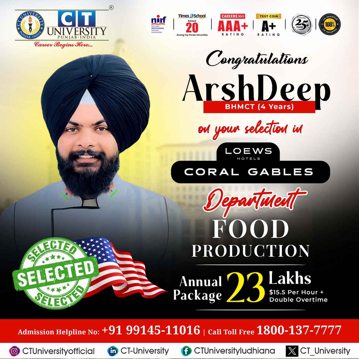 CT_University's tweet photo. We are delighted to share that #CTian Arshdeep Singh Student of Bachelors of Hotel Management, Catering and Technology landed position at Loews Hotels, CORAL GABLES with the annual package of ₹23 Lakhs.
#congratulations #CTU 
🌐 Visit: https://t.co/dmziH9Jbht https://t.co/GebG8o8MhQ
