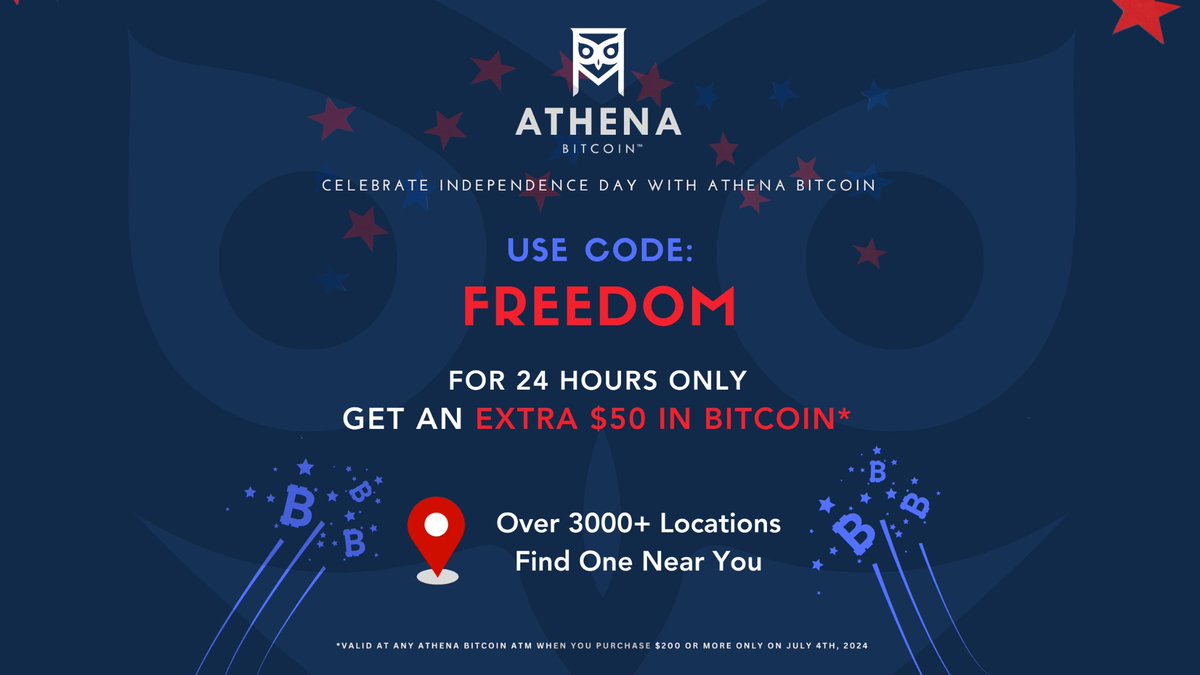 AthenaBitcoin's tweet image. 🇺🇸 Celebrate July 4th with Athena Bitcoin and enjoy for 24 hours only, get an extra $50 in Bitcoin when you purchase $200 or more. Use code FREEDOM at any of our ATMs! 

Find a location now bit.ly/4bqbnJt

#AthenaBitcoin #FourthOfJuly #BitcoinBonus #CelebrateFreedom