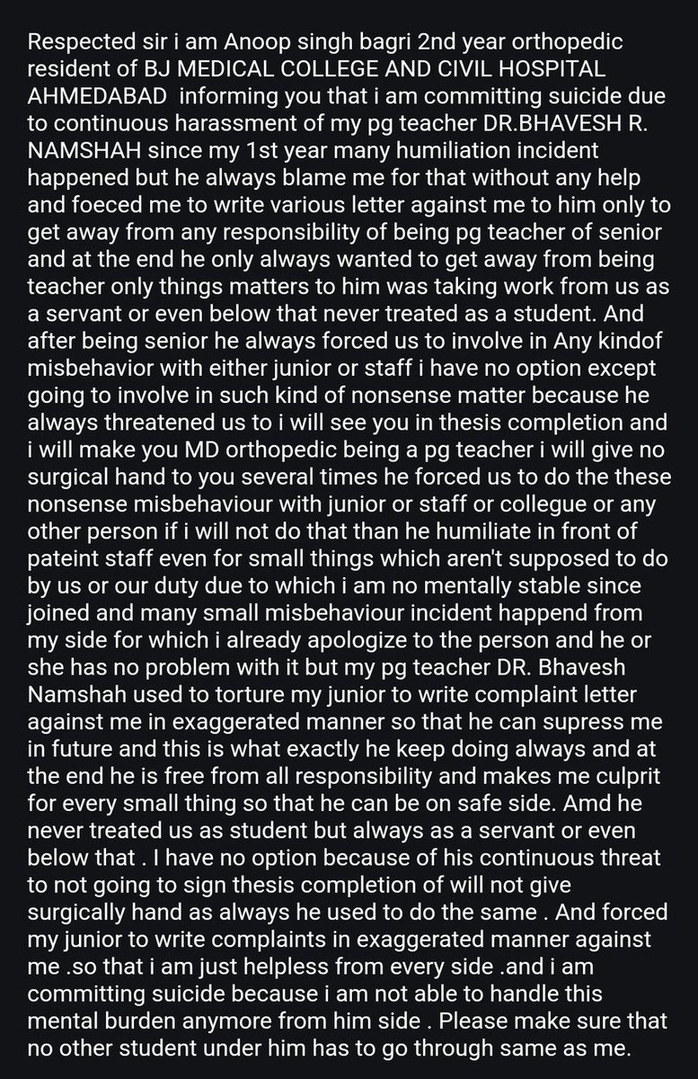 Indian__doctor's tweet photo. #Suicide Note !
I am Anoop Singh bagri ,
2ndyr Orthopedic department 
BJMC ,#ahmedabad ,
committing #suicide due to continuous Harrassment of PG teacher Dr Bhavesh R Namshah!!
★★★★★★
What is this happening in Gujarat?
@narendramodi @BJP4India @RahulGandhi
#medtwitter #NEET https://t.co/kwpN59XvvK