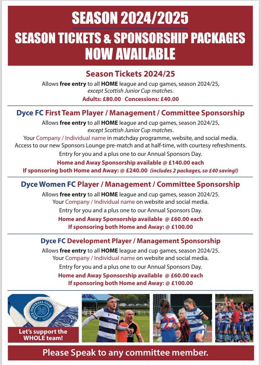 Dyce Women Football Club (@dycewomenfc) on Twitter photo Player and Management sponsorship opportunities are now available for the upcoming 24/25 season
Please contact dycewomenfc@outlook.com if you are interested. Player and Management sponsorship opportunities are now available for the upcoming 24/25 season
Please contact dycewomenfc@outlook.com if you are interested.