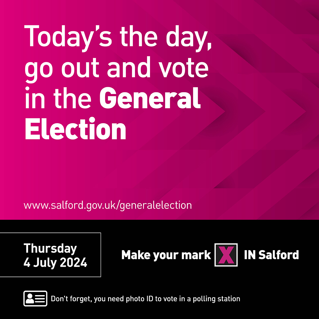 It’s election day! Polls open at 7am &amp; close at 10pm. Make sure you leave enough time to vote &amp; remember to bring your photo ID. 

Find out more about voting and candidates in the #GeneralElection2024 on our website. URL in graphic