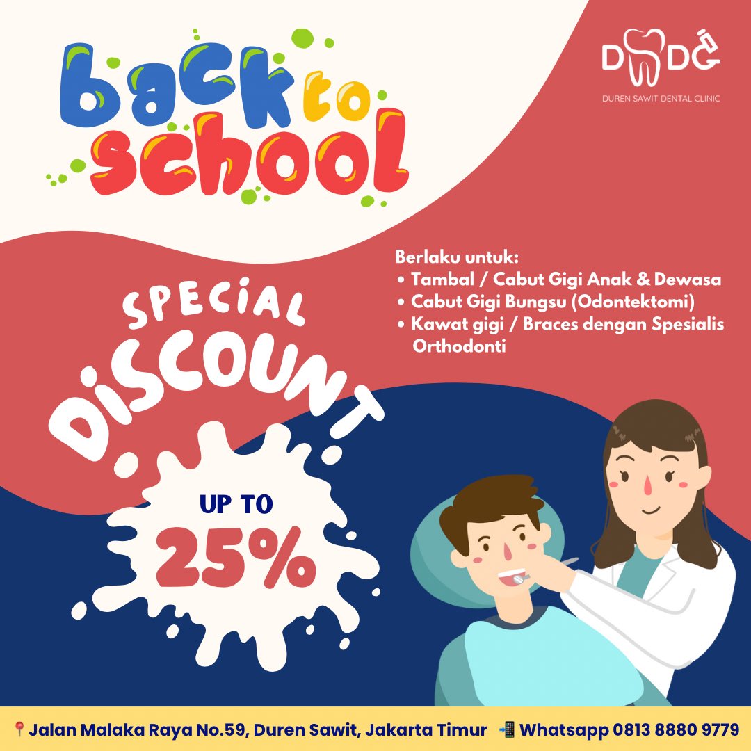DSDC_KlinikGigi's tweet photo. ‼️ PROMO BACK TO SCHOOL &amp; CAMPUS ‼️

1. Diskon 25% utk penambalan gigi &amp; pencabutan gigi anak &amp; dewasa
2. Diskon 15% utk pencabutan gigi bungsu (odontektomi) dgn dokter gigi umum &amp; dokter gigi spesialis bedah mulut
3. Diskon 10% utk pemasangan kawat gigi/behel dgn spesialis ortho https://t.co/x4XlrYSBCh