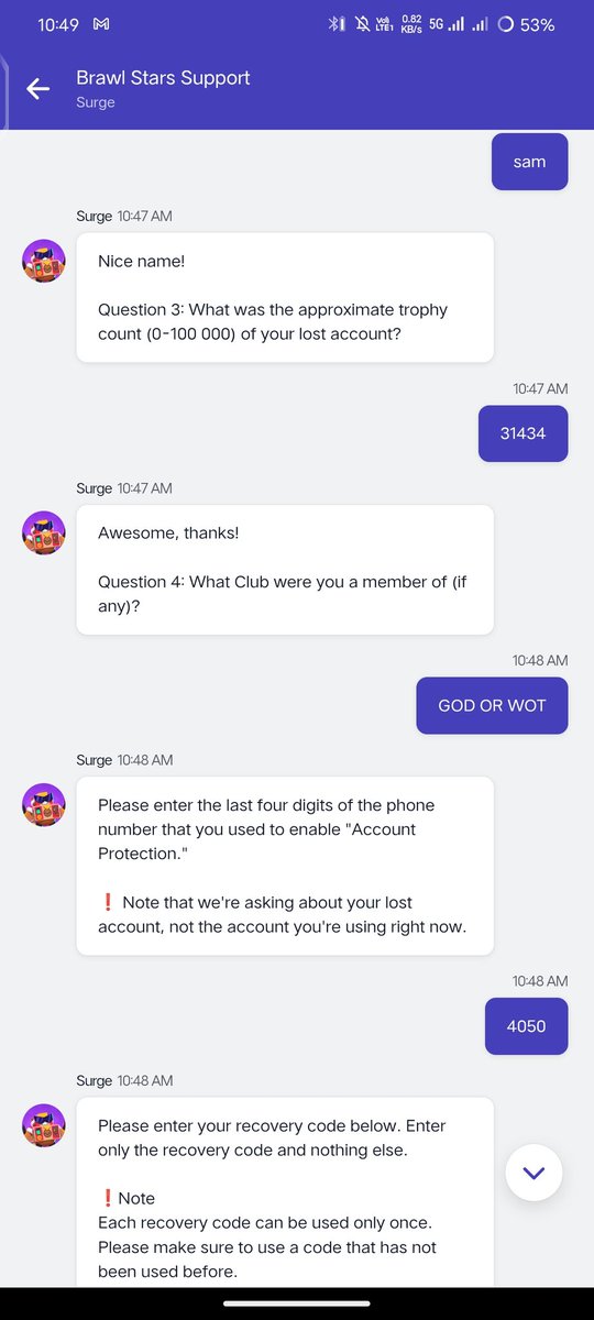 Memoholic3's tweet photo. Hello @supercell @BrawlStars   I got scammed and lost my brawlstars account with 31k trophy but when I tried to recover with account protection codes it is saying that these are misspelt or wrong, I have played that for 4 years pls help @MrAPGaming  @OrangeJuice @Dani_Supercell https://t.co/L3F4srgcxv