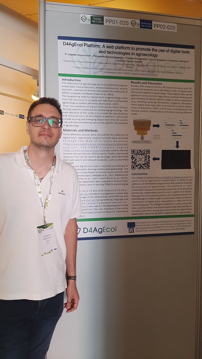 During the AgEng2024, E. Anastasiou from Agricultural University of Athens presented a poster for the D4AgEcol project digital tools platform, which includes more than 100 digital tools and technologies.
Stay tuned for the forthcoming release of D4AgEcol platform!