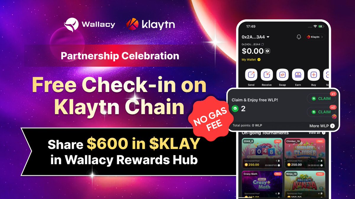 Klaytn is now integrated on <a href="/WallacyWallet/">Wallacy Wallet</a>! 🥳🔥

This is your chance to snag $600 worth of $KLAY tokens - simply check in on Klaytn network (100% gas-free ⛽️) from 4 to 31 July 2024

✅ To enter:
1. Join campaign in Wallacy Rewards Hub
2. Complete 60 check-ins on Klaytn Network