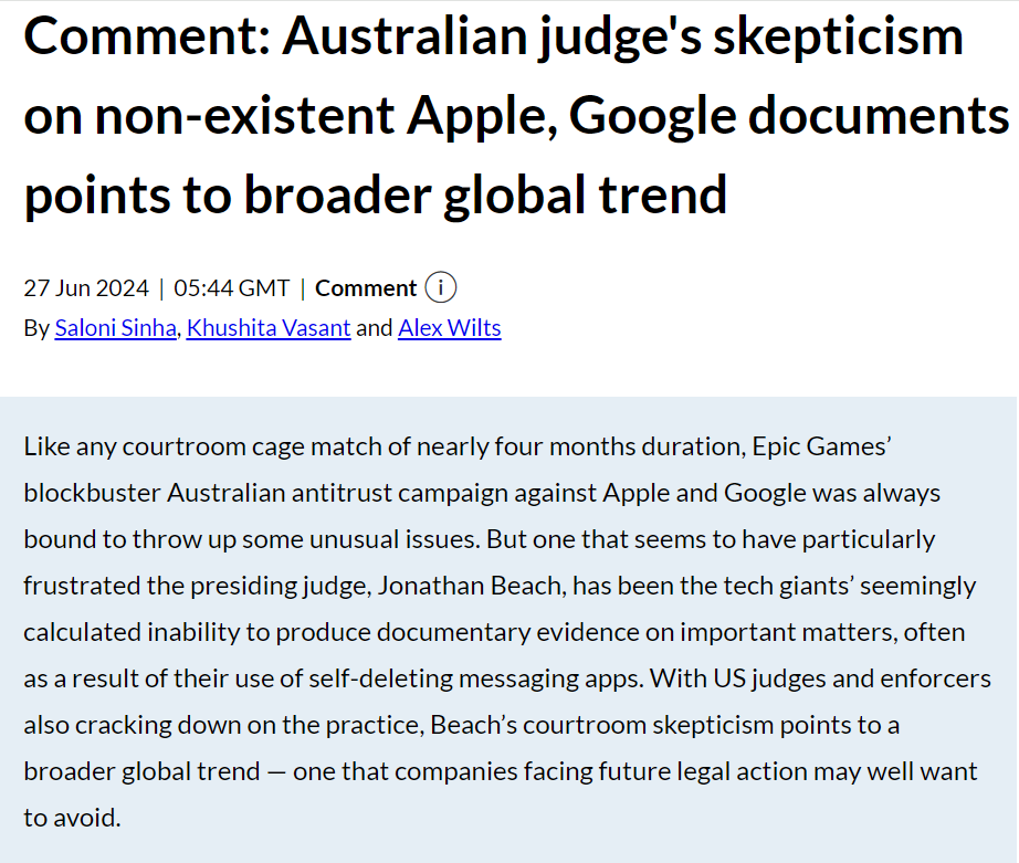We did a story last week on missing documents and self-deleting texts, and how it's frustrating judges the world over