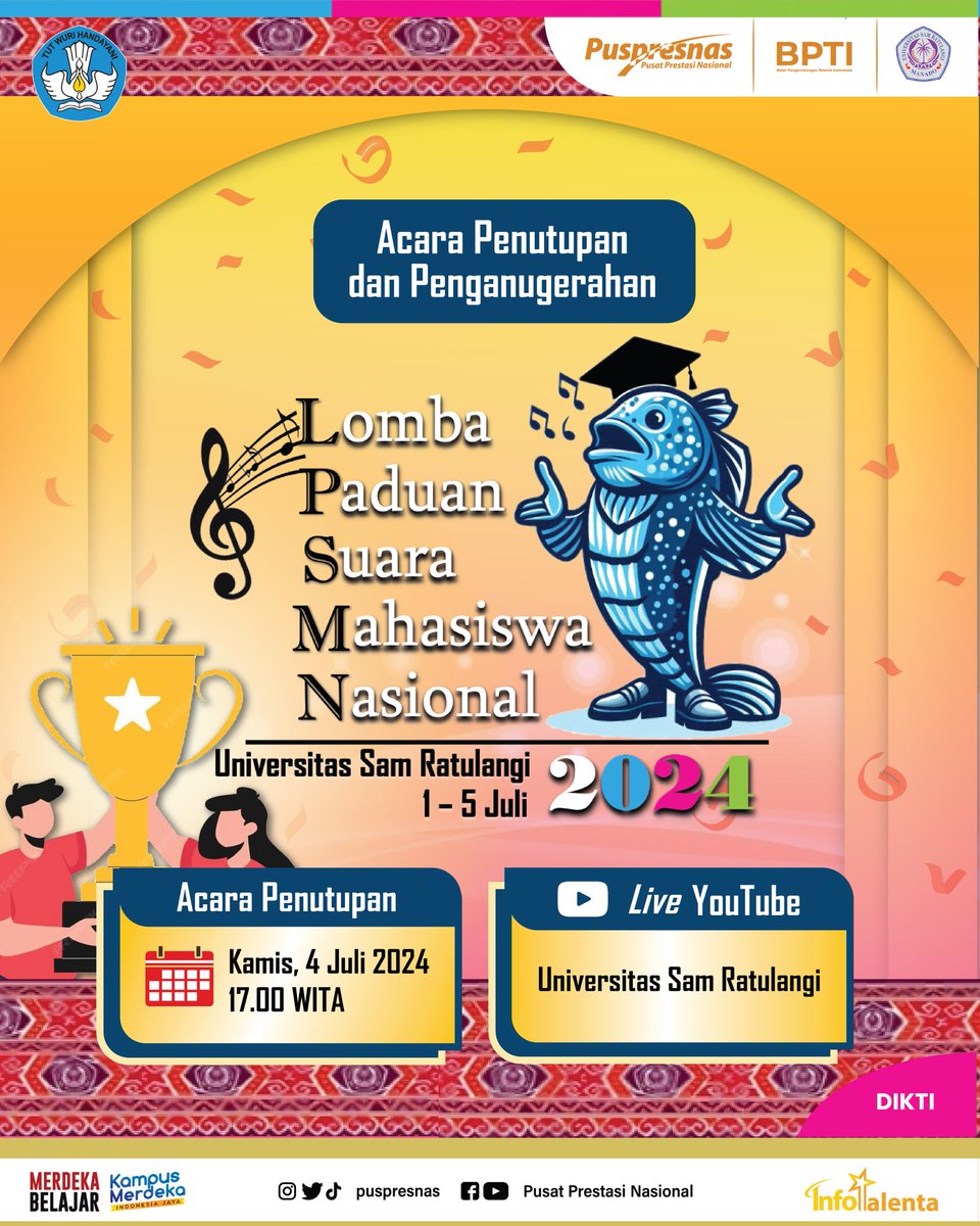 puspresnas's tweet photo. Saksikan "Acara Penutupan dan Penganugerahan Lomba Paduan Suara Mahasiswa Nasional (LPSMN) Tahun 2024" pada:
🗓: Hari ini Kamis, 4 Juli 2024
⏰: Pukul 17.00 WITA
💻: Live YouTube Universitas Sam Ratulangi https://t.co/VKdtwl4SKi