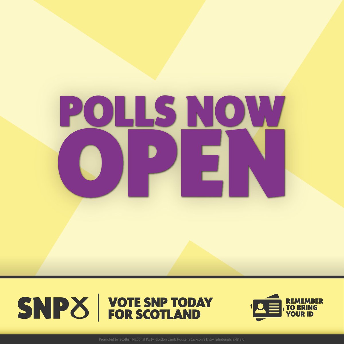 theSNP's tweet photo. 📢 Polls have now opened until 10pm tonight. #VoteSNP to:

🏴󠁧󠁢󠁳󠁣󠁴󠁿 Deliver independence 
🇪🇺 Rejoin the EU 
🧸 Scrap the two-child benefit cap 
💡 Invest in the Just Transition 
 🧑‍🎓Protect free tuition

🪪 Remember you must bring photo ID with you to vote. https://t.co/MTUYUxLLQA