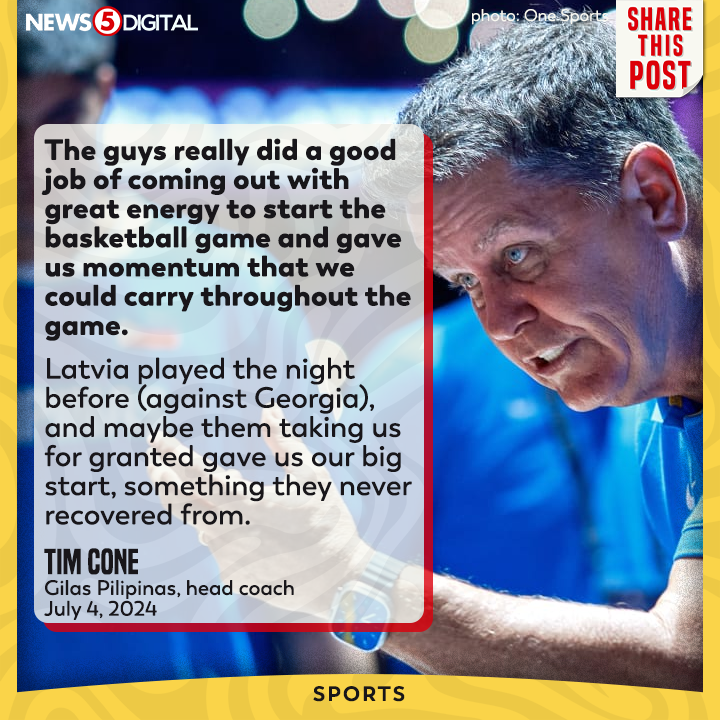 News5PH's tweet photo. Big start para kay #GilasPilipinas head coach #TimCone ang simula ng kampanya ng national team matapos manalo kontra World No. 6 #Latvia sa opening game ng 2024 #FIBA Olympic Qualifying Tournament #FIBAOQT, 89-80. #News5

READ: https://t.co/y9TCm8hooK https://t.co/vXdGvhxwgm