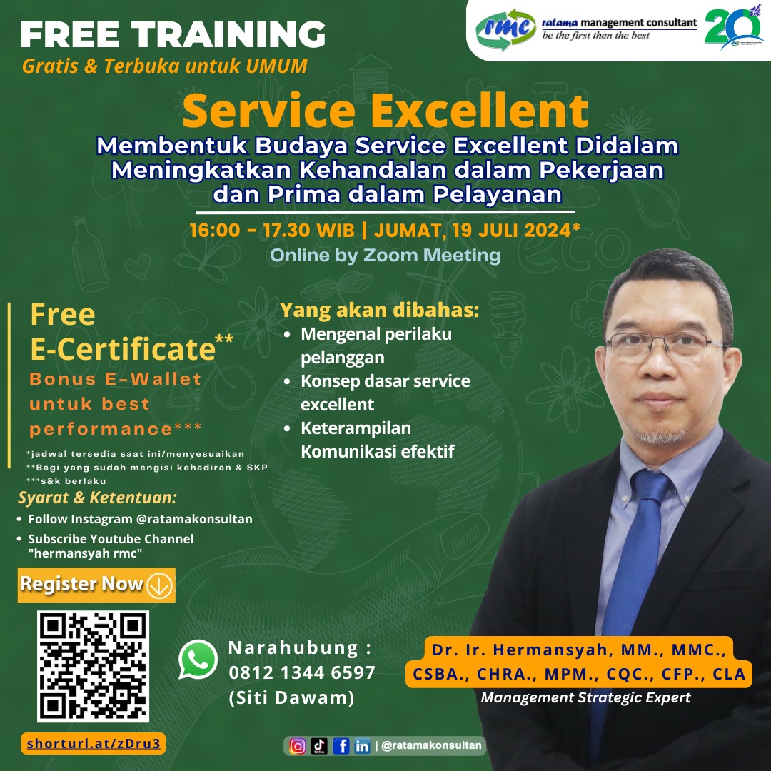 RatamaKonsultan's tweet photo. *TINGKATKAN KUALITAS LAYANAN ANDA! IKUTI PELATIHAN SERVICE EXCELLENT 

GRATIS &amp; TERBUKA UNTUK UMUM!

📅 Jumat, 19 Juli 202 2024
⏰ 16.00 – 17.30 WIB
📍 <Online by Zoom Meeting>

Link Pendaftaran : https://t.co/gMnd9N0w8r https://t.co/wRTsjOiqvv