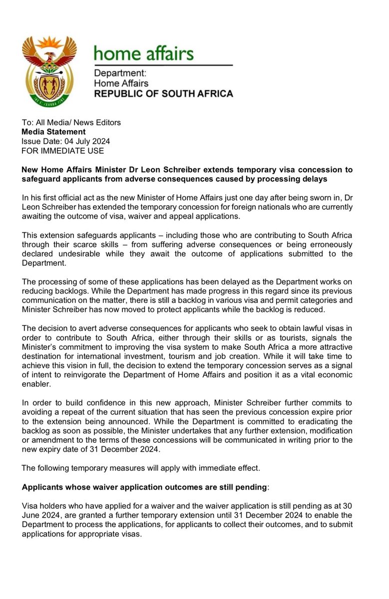 Leon_Schreib's tweet image. In my first act as Minister, I have immediately extended the concession to safeguard skilled workers, tourists and other people affected by visa processing delays at Home Affairs. I have done so after the previous concession expired on 30 June, which left applicants vulnerable to…