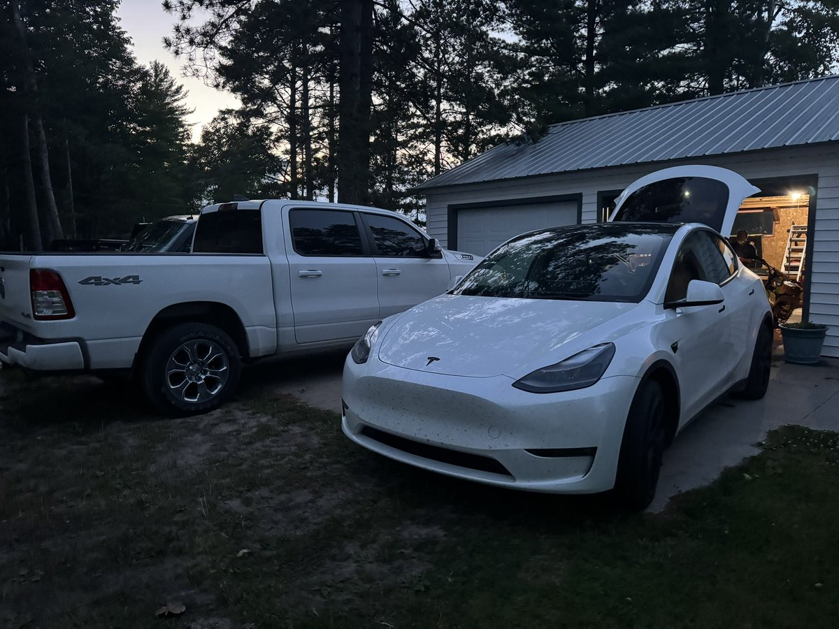 TesCalendar1's tweet photo. EV vs. ICE road trip comparison!

The times are ALMOST identical!

Yesterday  my brother and I (live 8 mins apart) left to go on family vacation at almost the exact same time, Ohio to Thunder Lake, MI.
This is a 448mi trek and shows almost exactly 7 hours with no stops.
My brother was driving the RAM truck, I drove our Model Y.
My brother got here 26 minutes before me but had 8 minutes less of a drive. We both stoped twice and grabbed dinner on the go.
He beat me by 18 minutes. EIGHTEEN whole minutes. That’s it! 

I spent $35 to use Supercharging, he spent $90 in gas. 

Would you trade 18 minutes for $55???
