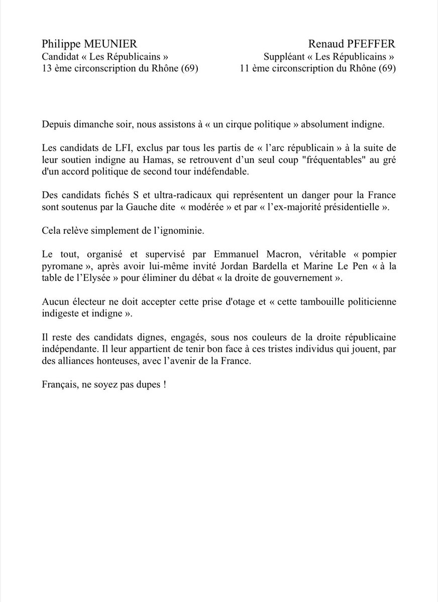 #Legislatives2024 - Communiqué commun #Circo6913
Remerciements aux électeurs de la #Droite Républicaine.
L’histoire retiendra leur sens de l’honneur et l’avenir saura s’en souvenir…