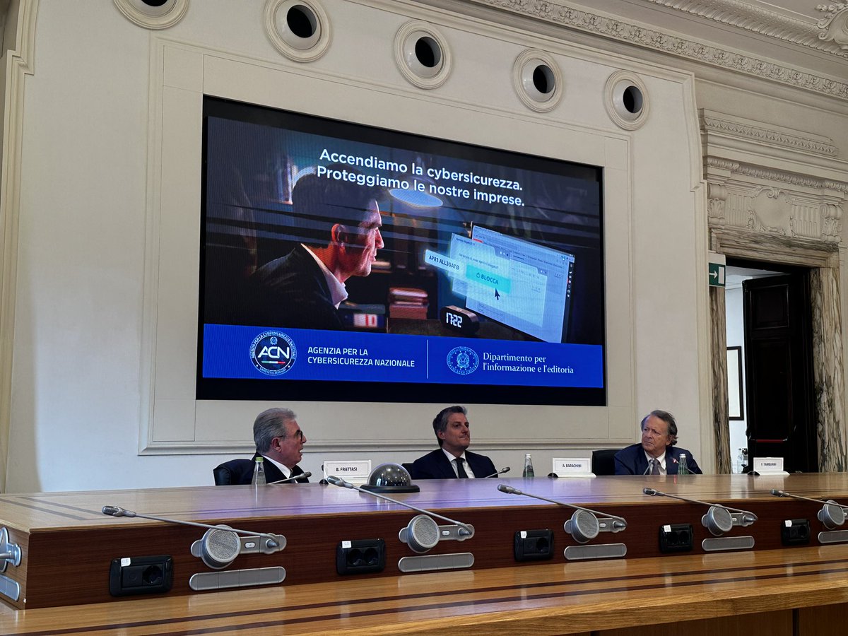 Luca Tagliaretti (@lucatagliaretti) on Twitter photo Complimenti ad ACN e al Governo Italiano per la bella campagna informativa sul rischio cibernetico per le #PmI.
#Accendiamoalcybersicurezza Con la presenza del Direttore Generale Frattasi e del sottosegretario <a href="/abarachini/">Alberto Barachini</a>
<a href="/FabioTamburini2/">Fabio Tamburini</a> Complimenti ad ACN e al Governo Italiano per la bella campagna informativa sul rischio cibernetico per le #PmI.
#Accendiamoalcybersicurezza Con la presenza del Direttore Generale Frattasi e del sottosegretario <a href="/abarachini/">Alberto Barachini</a>
<a href="/FabioTamburini2/">Fabio Tamburini</a>