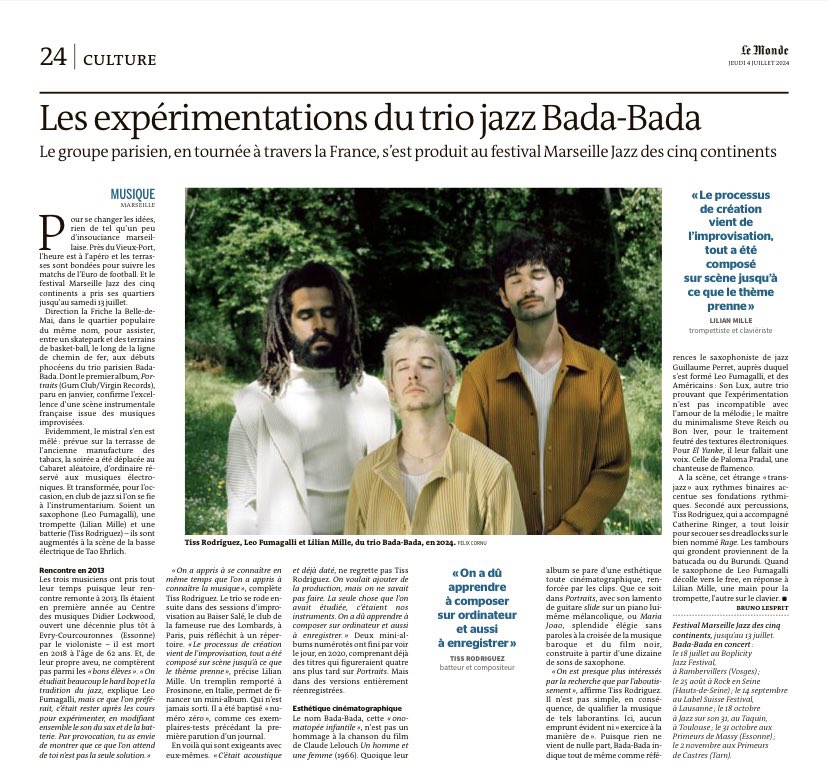 damien_couleurs's tweet photo. Tres heureux d’accompagner en management avec @_ISeeColors_ le trio franco-suisse Bada-Bada dont le 1er album Portraits est sorti cette année. Ils sont dans le Monde aujourd’hui et en tournée (à Montreal ce soir, à Rock en Seine le 25/8) https://t.co/qUe9s8QWBM
