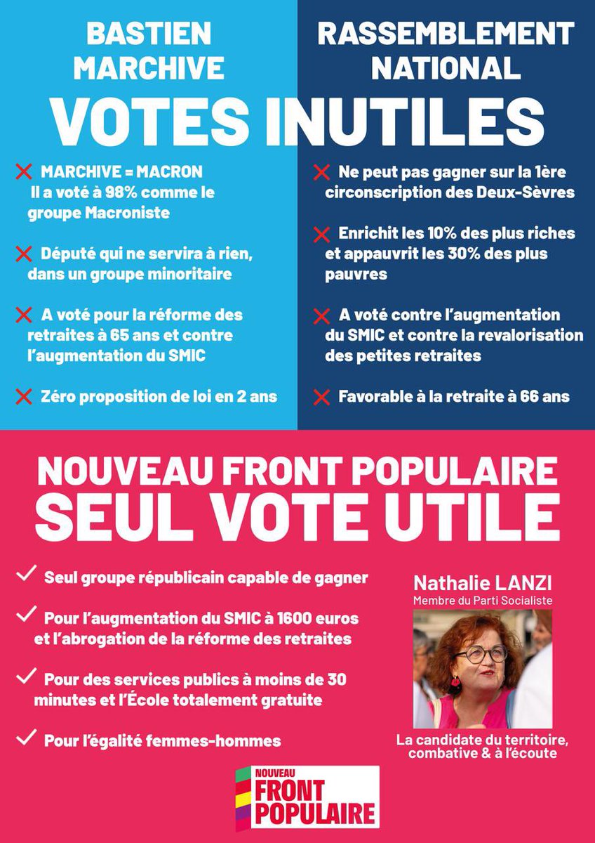 📍Dans la #circo7901, le seul vote utile est celui du #NouveauFrontPopulaire !
✅ Pour l’augmentation du smic
🚺🟰🚹 Pour l’égalité entre les femmes et les hommes 
☑️ Pour des services publics accessibles à tous 
❌ Pour l’abrogation de la #reformedesretraites  #legislatives2024