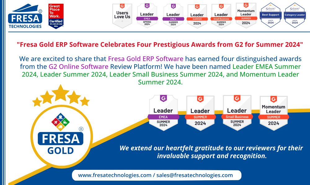 fresatechnology's tweet photo. "Fresa Gold ERP Software Celebrates Four Prestigious Awards from G2 for Summer 2024"
#fresa | #ERPSoftware | #G2Awards | #LeaderEMEA | #UsersLoveUs | #Leader | #EMEA | #EMEASummar2024 | #AwardWinning | #SmallBusinessLeader | #EMEALeader | #SoftwareRecognition | #IndustryLeader https://t.co/aMSqFUfywC