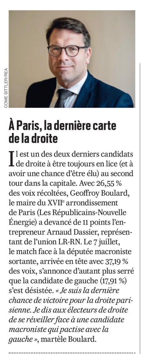 🗳️ En votant pour <a href="/geoffroyboulard/">Geoffroy Boulard</a> dimanche donnons à Paris le seul député de droite qui pourra défendre #Paris16 #Paris17 face à Macron Mélenchon 🇫🇷 et face à Hidalgo #Paris ‼️

Homme de convictions et de valeurs, Maire très apprécié et rassembleur, il sera le député de tous 🤝