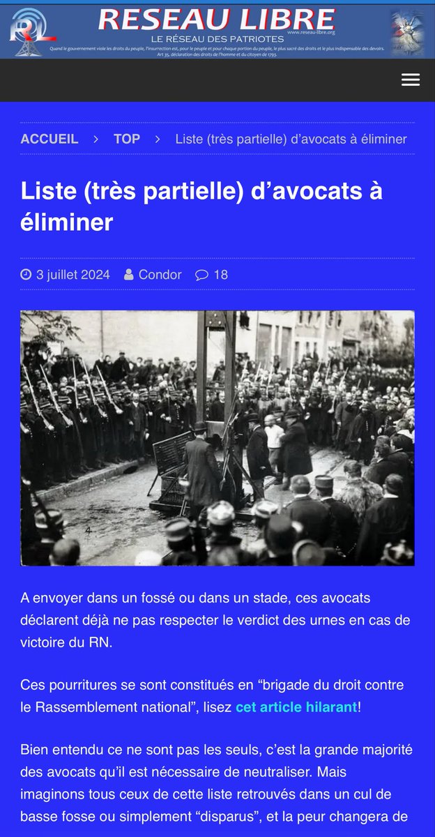L’heure est grave 
Voilà ce qui circule dans les milieux d’extrême droite 
Ils n’attendent qu’une chose pour faire le ménage 
Que le RN accède au pouvoir 
Toutes les professions seront la cible 
Les avocats 
Les médecins aussi qui militeront pour soutenir l’AME
Il faut tout faire