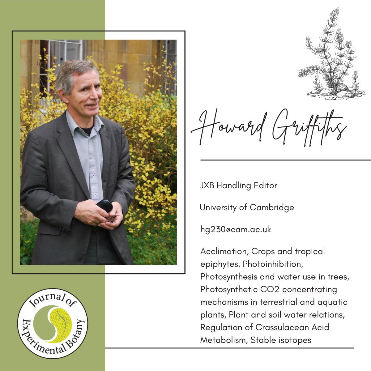 Handling editor, Howard Griffiths, has vast knowledge in plant adaptation, tropical plants, photosynthesis, plant energy conversion, water use by trees, carbon dioxide concentration for photosynthesis, plant-soil water relationship, plant metabolism control, and stable isotopes🌳
