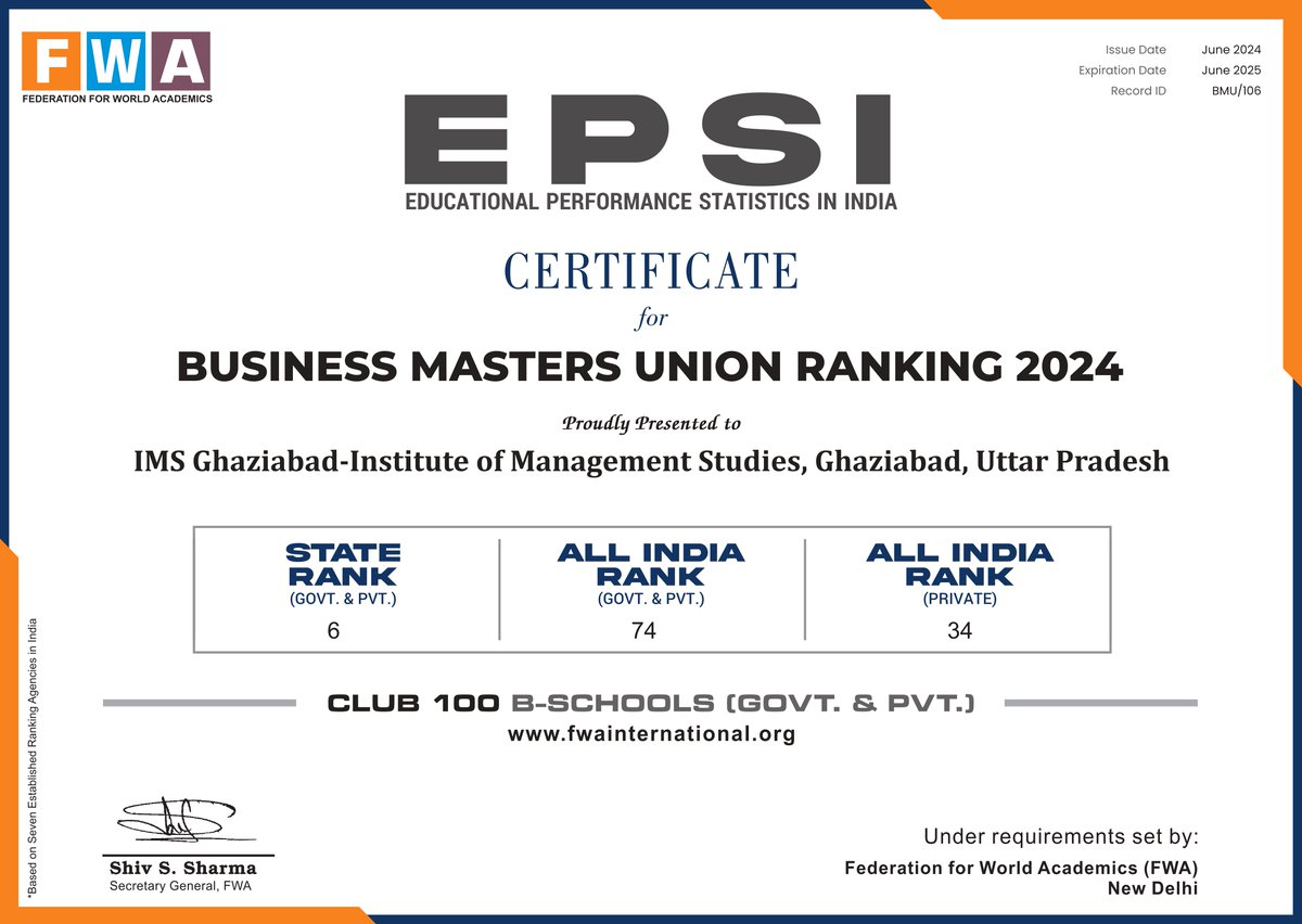 Proud Achievement for <a href="/IMSGhaziabad/">IMS Ghaziabad - PGDM | Best B-School Lal Kuan</a>! 
We are thrilled to announce that IMS Ghaziabad has been ranked among the top Business Schools in the EPSI Business Masters Union Ranking 2024!
This prestigious recognition highlights our commitment to academic excellence and quality education